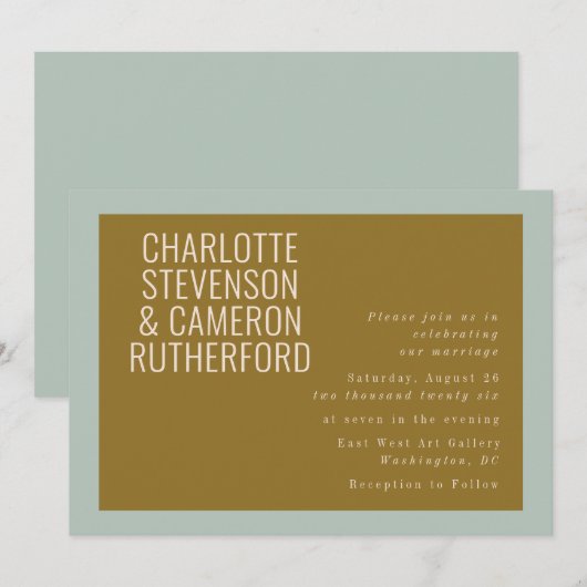 Chic Modern Typografy Blue and Olive Wedding Einladung (Vorne/Hinten)