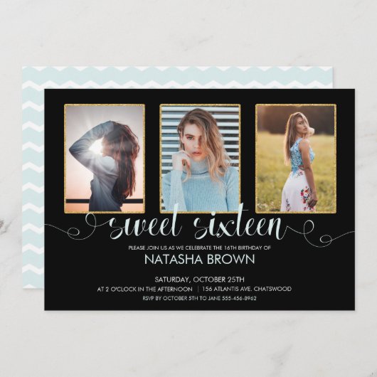Chic Modern Typografy Sweet 16 Birthday Foto Einladung (Vorne/Hinten)