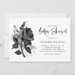 Chic Modern Watercolor Black Rose Babydusche Einladung