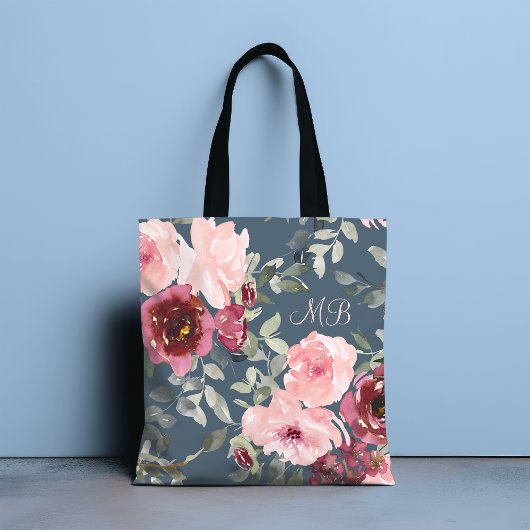 Chic Modern Watercolor Pink Burgund Blumenname Tasche