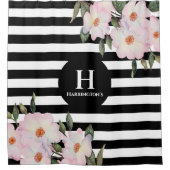Chic Modern Watercolor Pink Roses Stripes Monogram Duschvorhang (Vorderseite)