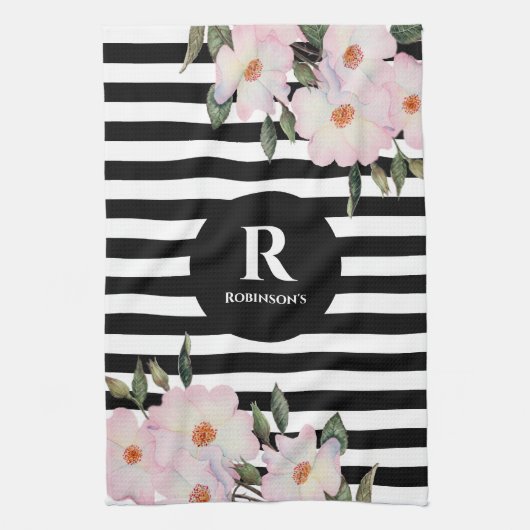 Chic Modern Watercolor Pink Roses Stripes Monogram Geschirrtuch (Vertikal)