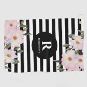 Chic Modern Watercolor Pink Roses Stripes Monogram Golfhandtuch (Horizontal)