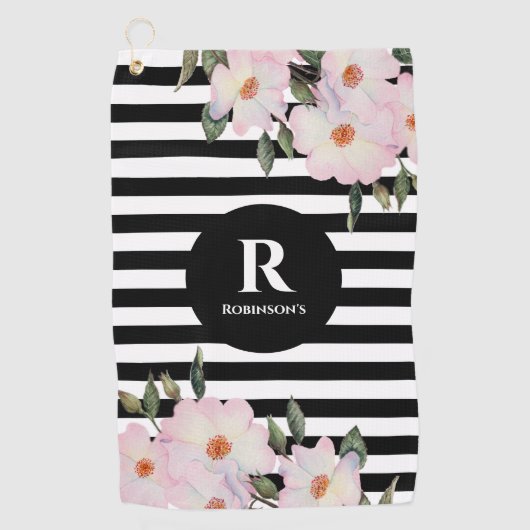 Chic Modern Watercolor Pink Roses Stripes Monogram Golfhandtuch (Vorderseite)