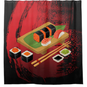 Chic Moderne Elegante Schwarz & Rot Sushi Duschvorhang