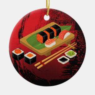 Chic moderne elegante schwarze und rote Sushi Keramik Ornament