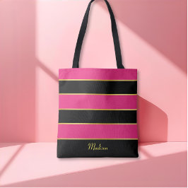 Chic Moderne schwarz rosa Streifen Muster mit Name Tasche