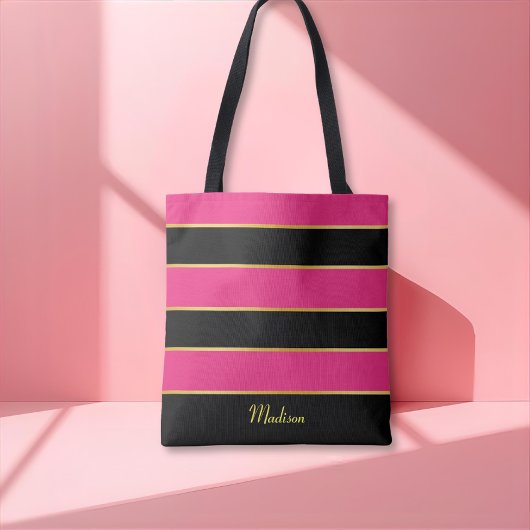 Chic Moderne schwarz rosa Streifen Muster mit Name Tasche