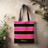Chic Moderne schwarz rosa Streifen Muster mit Name Tasche
