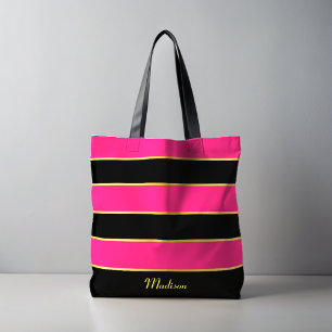 Chic Moderne schwarz rosa Streifen Muster mit Name Tasche