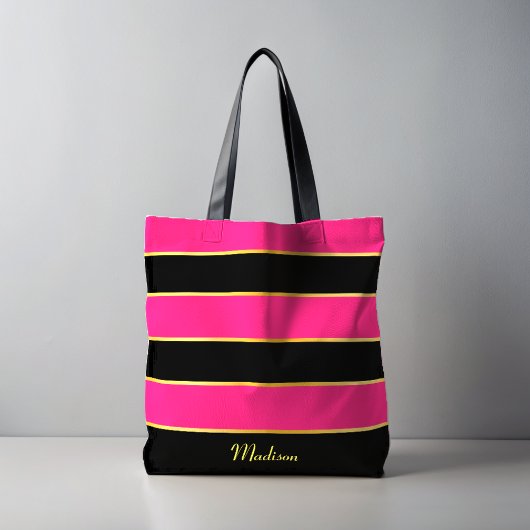Chic Moderne schwarz rosa Streifen Muster mit Name Tasche