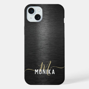 Chic modernes, metallisch gebürstetes Schwarz-Gold iPhone 15 Plus Hülle