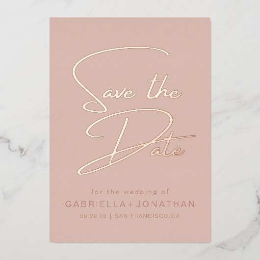 Chic Monochromatische Rose Gold Save the Date Folieneinladung (Vorderseite)