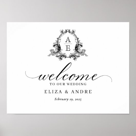 Chic Monogram Black and White Wedding Begrüßungsze Poster (Vorne)