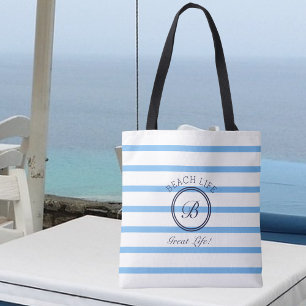 Chic Monogram Blue and White Striping Beach Life Tasche