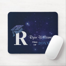 Chic Monogram Blue Glitzer Cap Graduation Party Mousepad