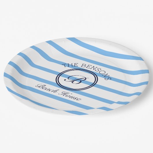 Chic Monogram Blue Stripes Family Beach House Pappteller (Schrägansicht)