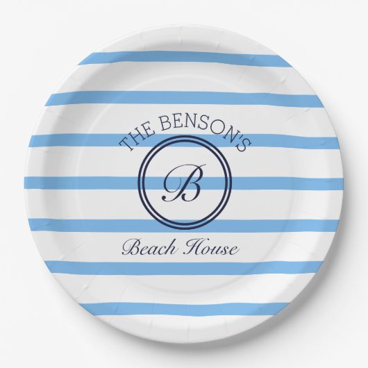 Chic Monogram Blue Stripes Family Beach House Pappteller (Vorderseite)
