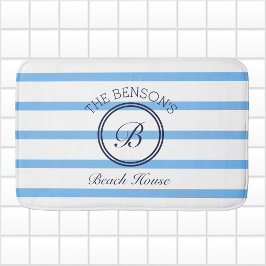 Chic Monogram Blue Stripes Family Name Beach House Badematte