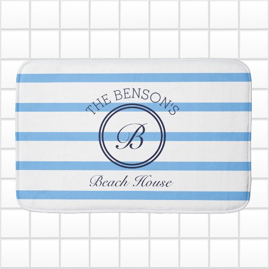 Chic Monogram Blue Stripes Family Name Beach House Badematte