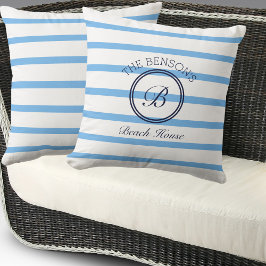 Chic Monogram Blue Stripes Family Name Beach House Kissen