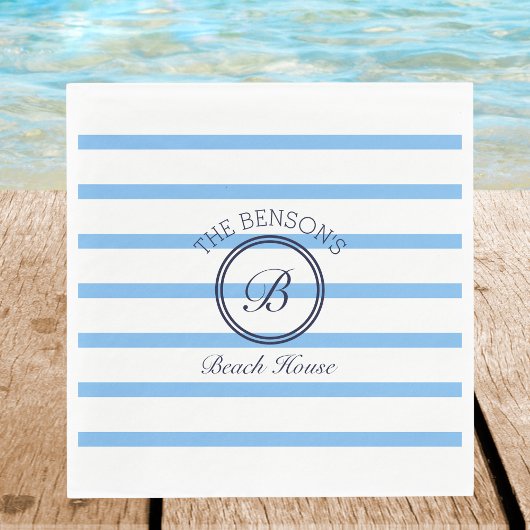 Chic Monogram Blue Stripes Family Name Beach House Serviette