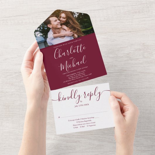 Chic Monogram Burgundy Script Foto Wedding All In One Einladung (Abreißen)