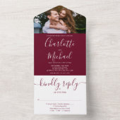 Chic Monogram Burgundy Script Foto Wedding All In One Einladung (Innen Boden)