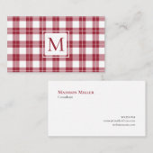 Chic Monogram Burgundy und White Kariert Pattern Visitenkarte (Vorne/Hinten)
