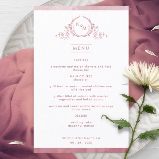 Chic Monogram Burgundy Watercolor Wedding Menu