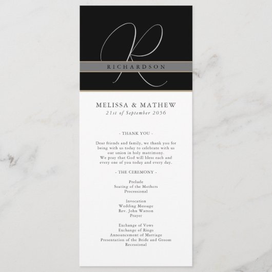 Chic Monogram Charcoal Schwarz-weiß Wedding Programm (Vorderseite)