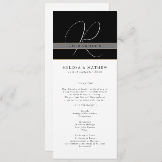 Chic Monogram Charcoal Schwarz-weiß Wedding Programm (Vorne/Hinten)