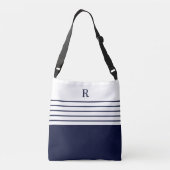 Chic Monogram Coastal Navy Blue Stripes Beach Tragetaschen Mit Langen Trägern (Rückseite)