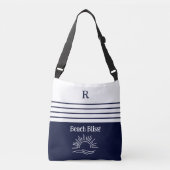 Chic Monogram Coastal Navy Blue Stripes Beach Tragetaschen Mit Langen Trägern (Vorderseite)