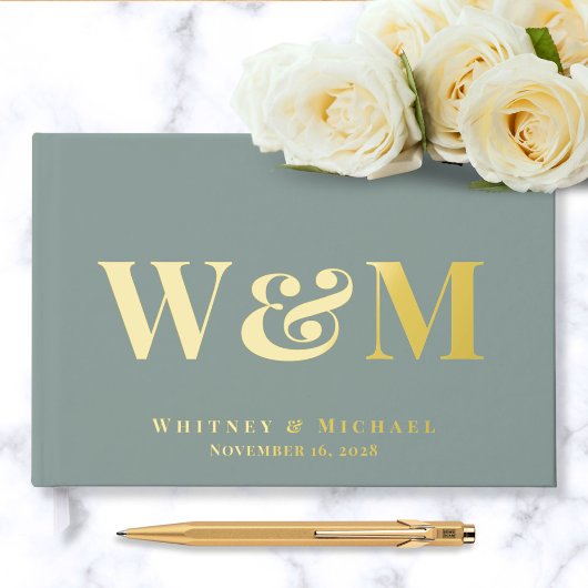 Chic Monogram Foto Sage Green Wedding Gästebuch