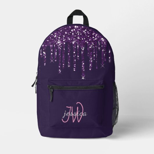 Chic Monogram Girly Hot Lila Glitzer Tropfen Bedruckter Rucksack (Vorderseite)