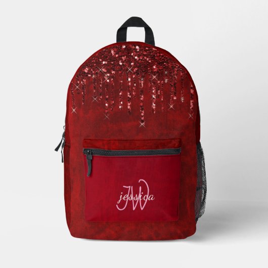 Chic Monogram Girly Hot Red Glitzer Tropfen Bedruckter Rucksack (Vorderseite)