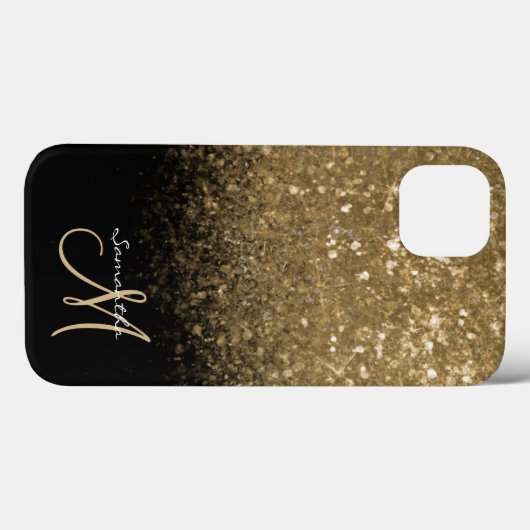 Chic Monogram Gold Glitzer & Black Case-Mate iPhone Hülle (Rückseite (Horizontal))