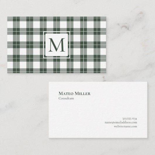 Chic Monogram Green and White Kariert Pattern Visitenkarte (Vorne/Hinten)