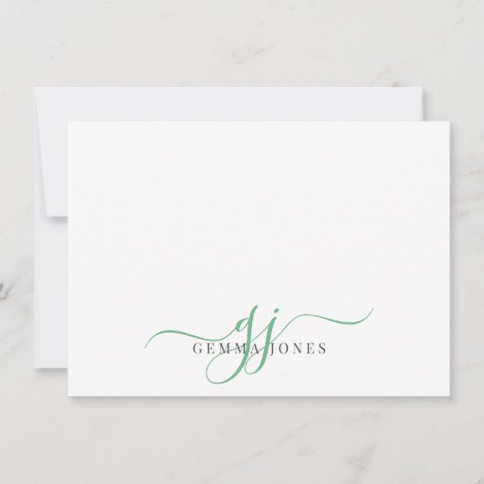 Chic Monogram Green Script Initials Mitteilungskarte (Vorderseite)