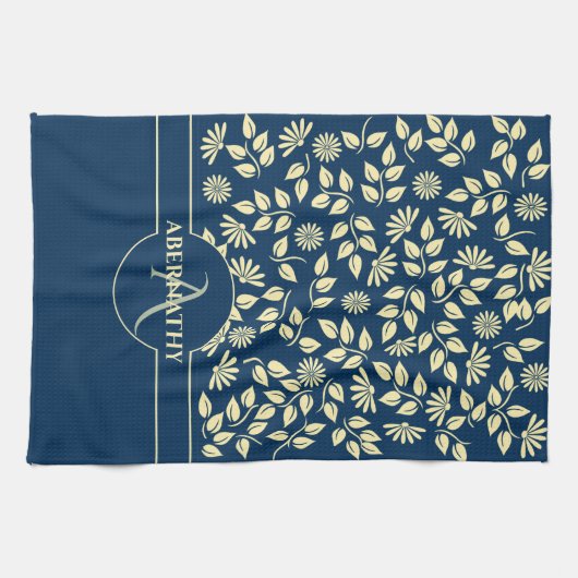 Chic Monogram Individuelle Name Blätter Daisies Bl Geschirrtuch (Horizontal)