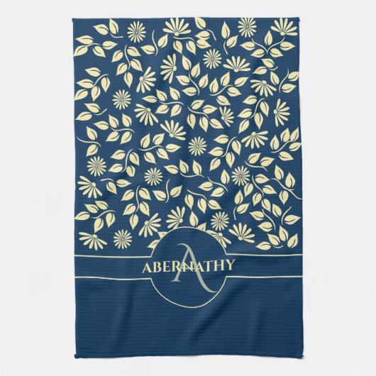 Chic Monogram Individuelle Name Blätter Daisies Bl Geschirrtuch (Vertikal)