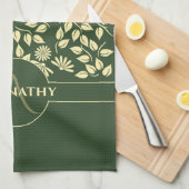 Chic Monogram Individuelle Name Blätter Daisies Gr Geschirrtuch (Viertel Falte)