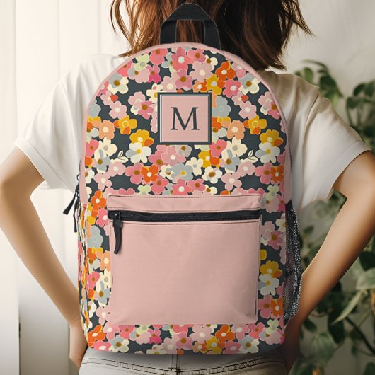 Chic Monogram Initial Floral Pink Backpack Bedruckter Rucksack