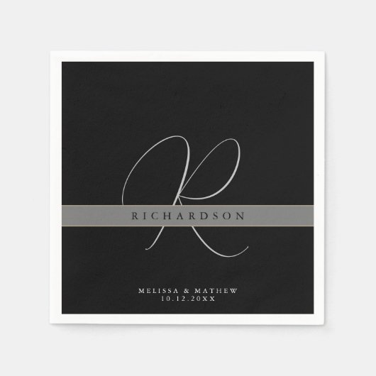 Chic Monogram Initial Name Charcoal Gray Black Serviette (Vorderseite)