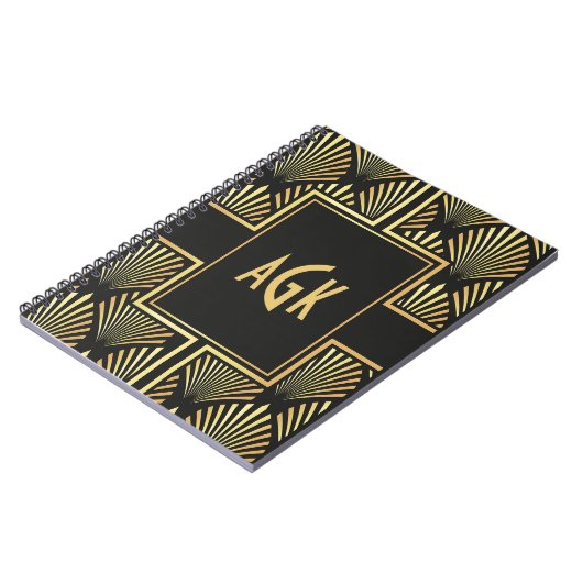 Chic Monogram Initials Black and Gold Art Deco Notizblock (Linke Seite)