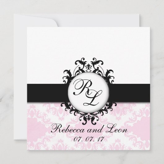 Chic Monogram Initials Pink Damask Wedite Einladung (Vorderseite)