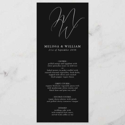 Chic Monogram Initials Schwarz-weiß Wedding Menükarte (Vorderseite)