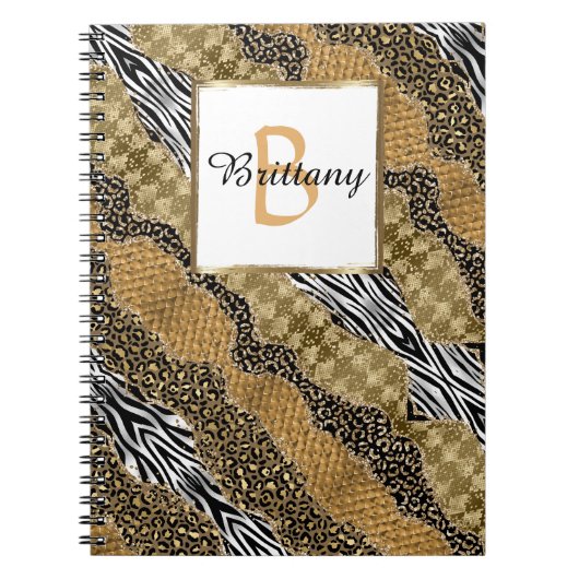 Chic Monogram Leopard Safari Gold Glitzer Notizblock (Vorderseite)