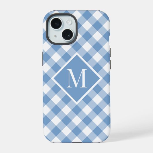 Chic Monogram Light Blue White Gingham Karo iPhone 15 Hülle (Rückseite)